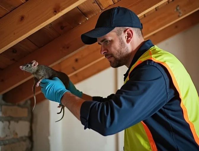 Technician inspecting a roof cavity for a dead rat in Cardigan
